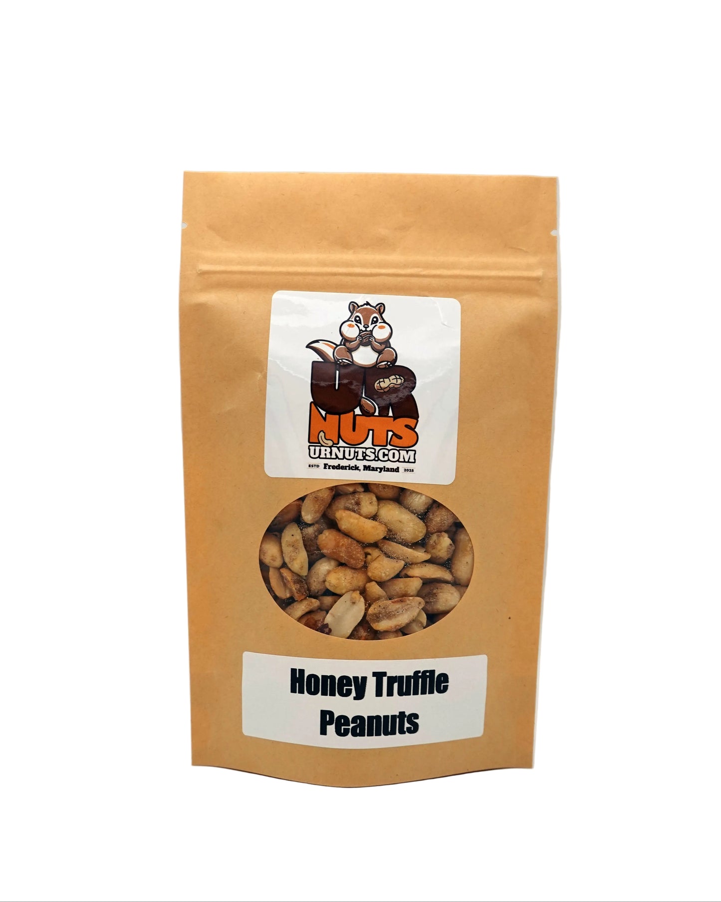 A stand-up kraft paper pouch of Honey Truffle Peanuts on a light gray background. The pouch has a clear circular window showing the peanuts inside, a white label with the brand logo 'UR Nuts', and a white label at the bottom reading 'Honey Truffle Peanuts'.