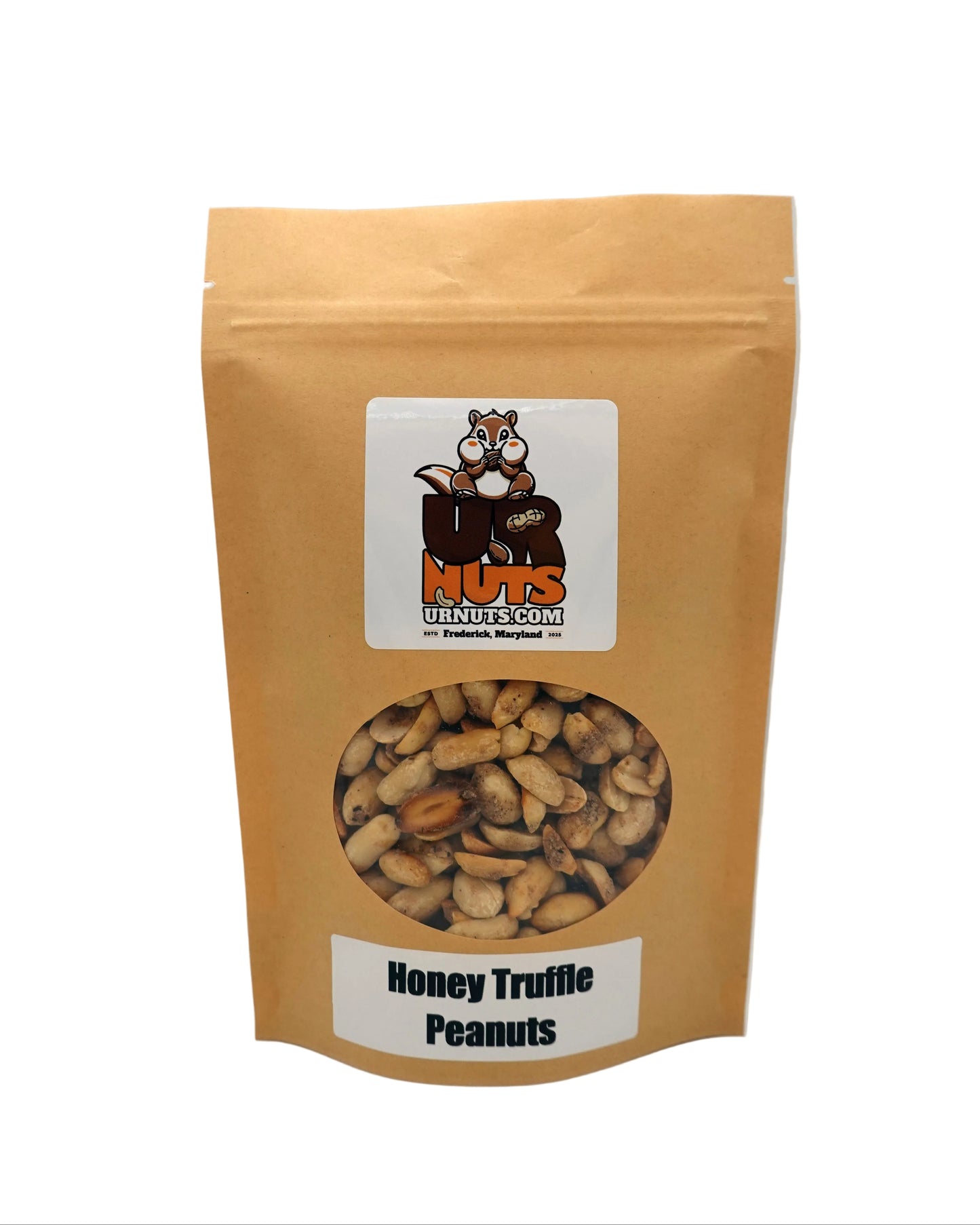 A stand-up kraft paper pouch of Honey Truffle Peanuts with a clear circular window showing the peanuts inside. The pouch has a white label with the brand logo 'UR Nuts' and the text 'Honey Truffle Peanuts'.