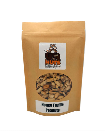 A stand-up kraft paper pouch of Honey Truffle Peanuts with a clear circular window showing the peanuts inside. The pouch has a white label with the brand logo 'UR Nuts' and the text 'Honey Truffle Peanuts'.