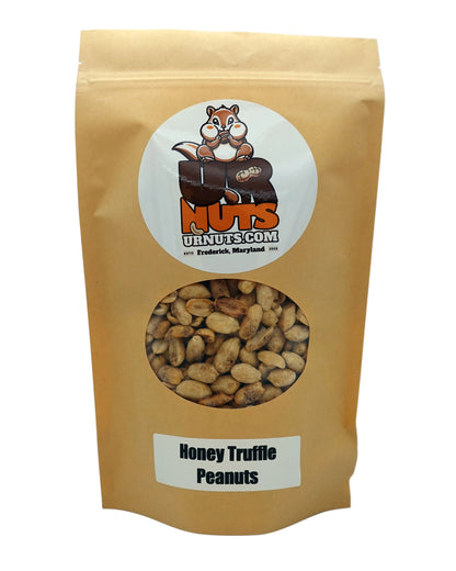 A stand-up kraft paper bag of UR Nuts Honey Truffle Peanuts with a clear window showing the peanuts inside, on a light gray background.
