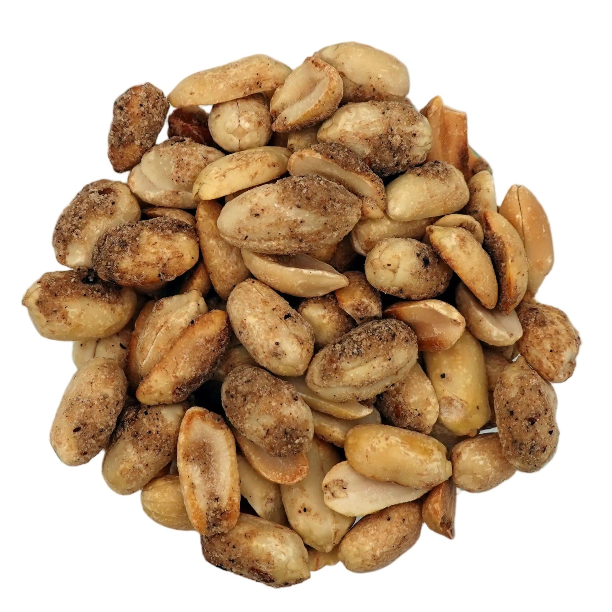 Roasted honey truffle peanuts in a clear glass bowl, photographed from a top-down view on a clean white background.