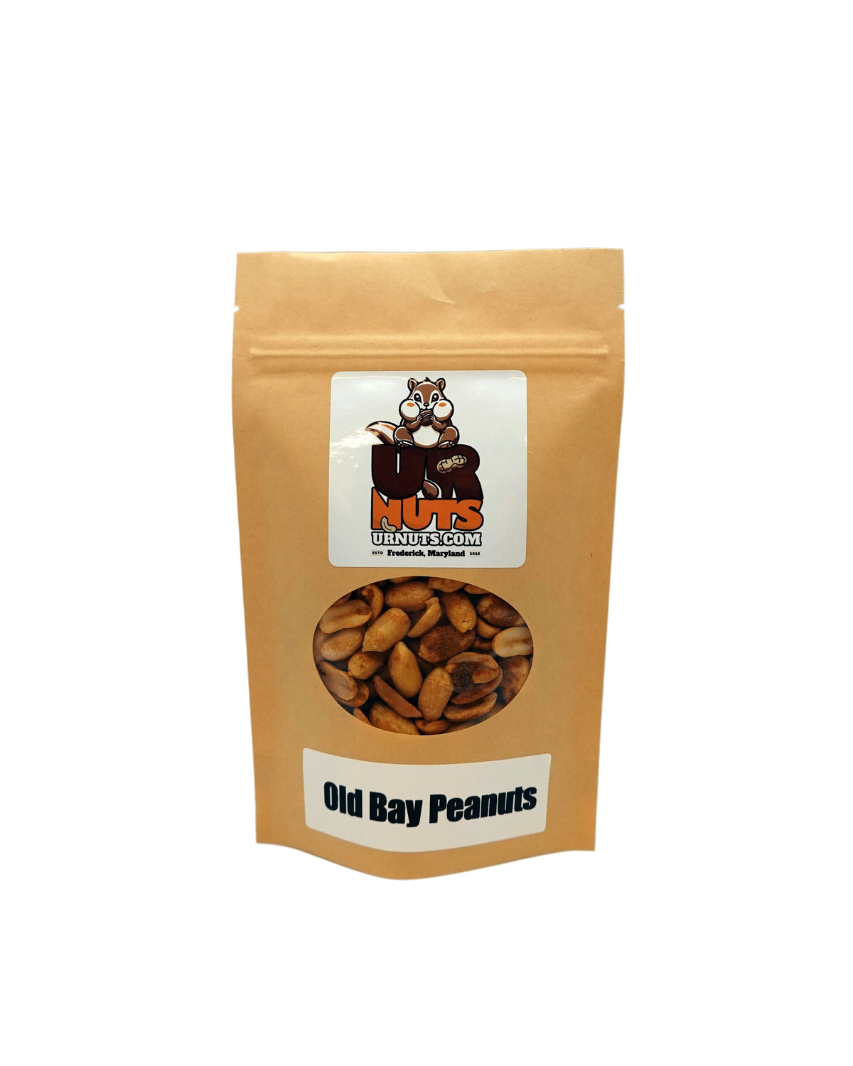 A stand-up kraft paper pouch of Old Bay Peanuts from UR Nuts