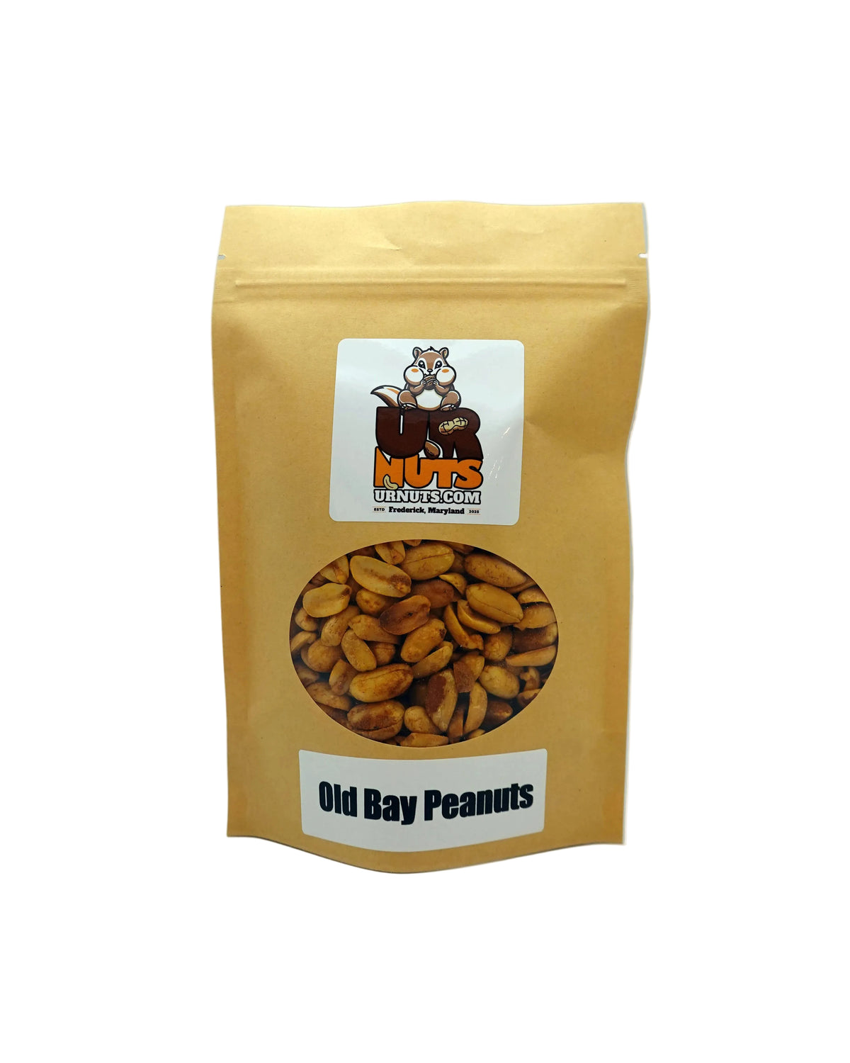 A stand-up kraft paper pouch of Old Bay Peanuts with a clear circular window showing the peanuts inside. The pouch features a white label with the UR Nuts brand.