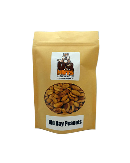 A stand-up kraft paper pouch of Old Bay Peanuts with a clear circular window showing the peanuts inside. The pouch features a white label with the UR Nuts brand.