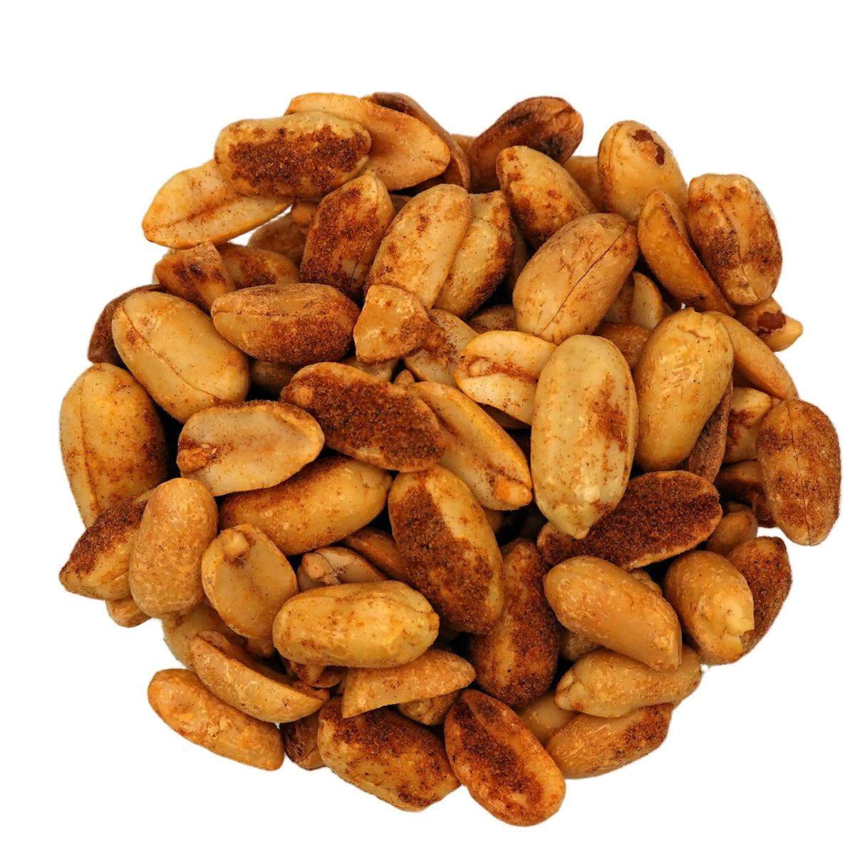 Roasted Old Bay Peanuts in a clear glass bowl, photographed from a top-down view on a clean white background.
