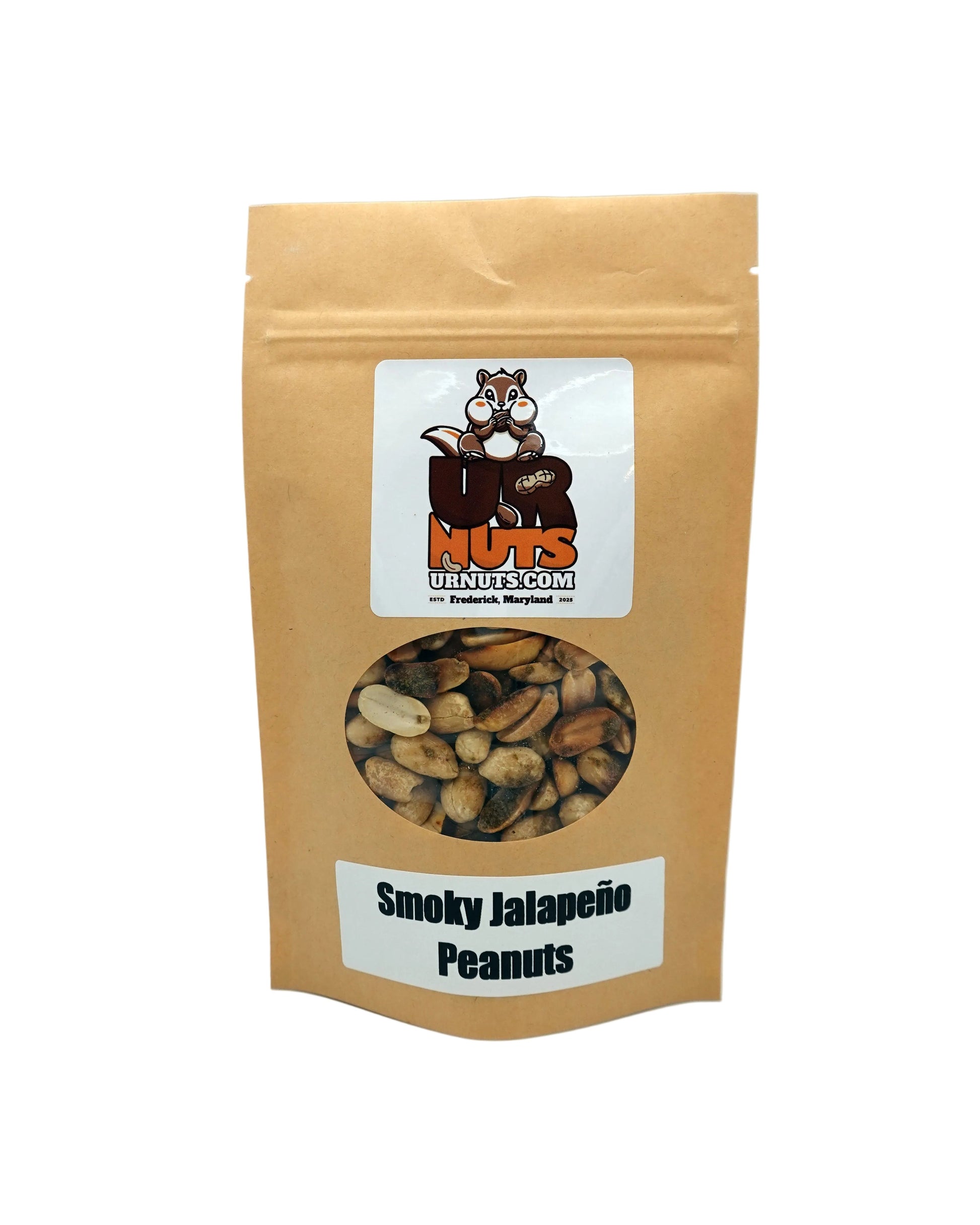 A stand-up kraft paper pouch of 'Smoky Jalapeño Peanuts' from UR Nuts, featuring a clear window showing the peanuts inside and a white label with the brand logo.