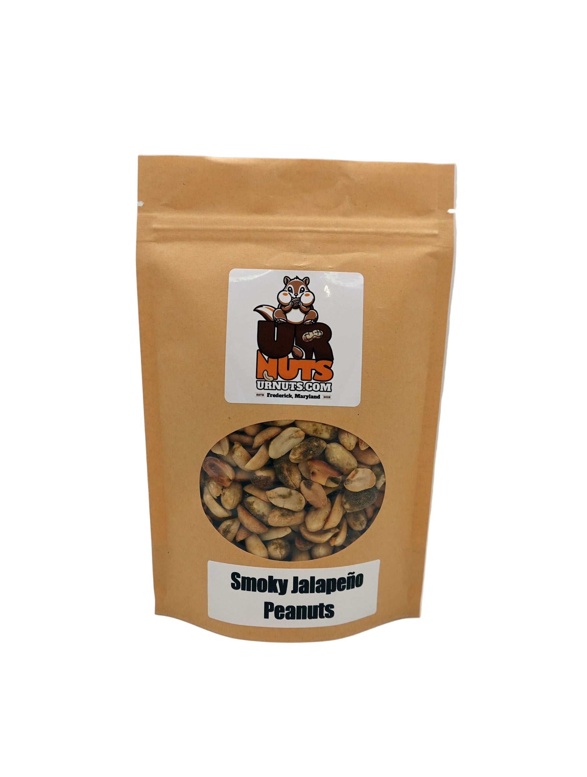 A stand-up kraft paper pouch of UR Nuts Smoky Jalapeño Peanuts, featuring a clear window showing the peanuts inside and a cartoon logo of a bear holding a nut.