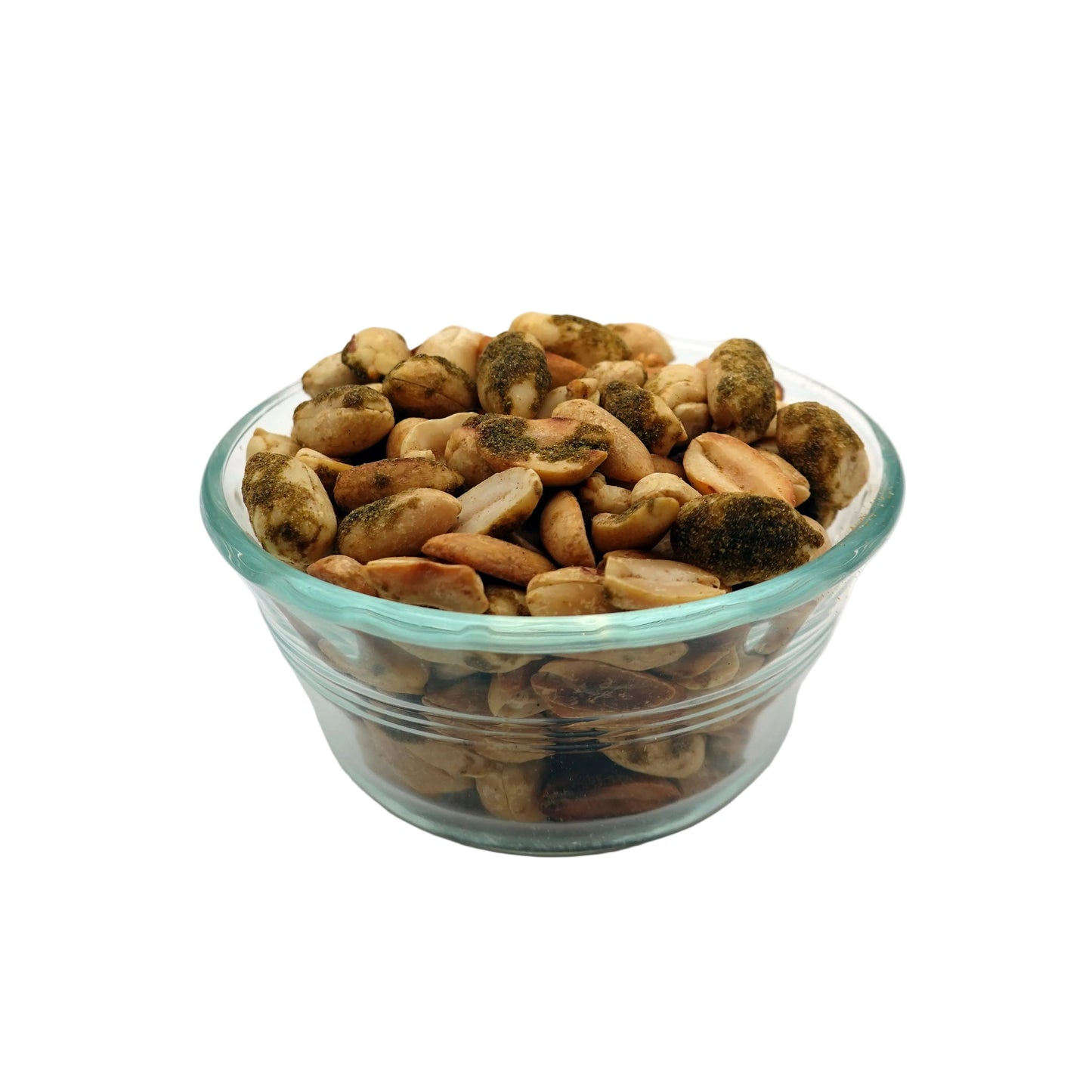A top-down view of a clear glass bowl filled with Smoky Jalapeño Peanuts, on a plain white background.