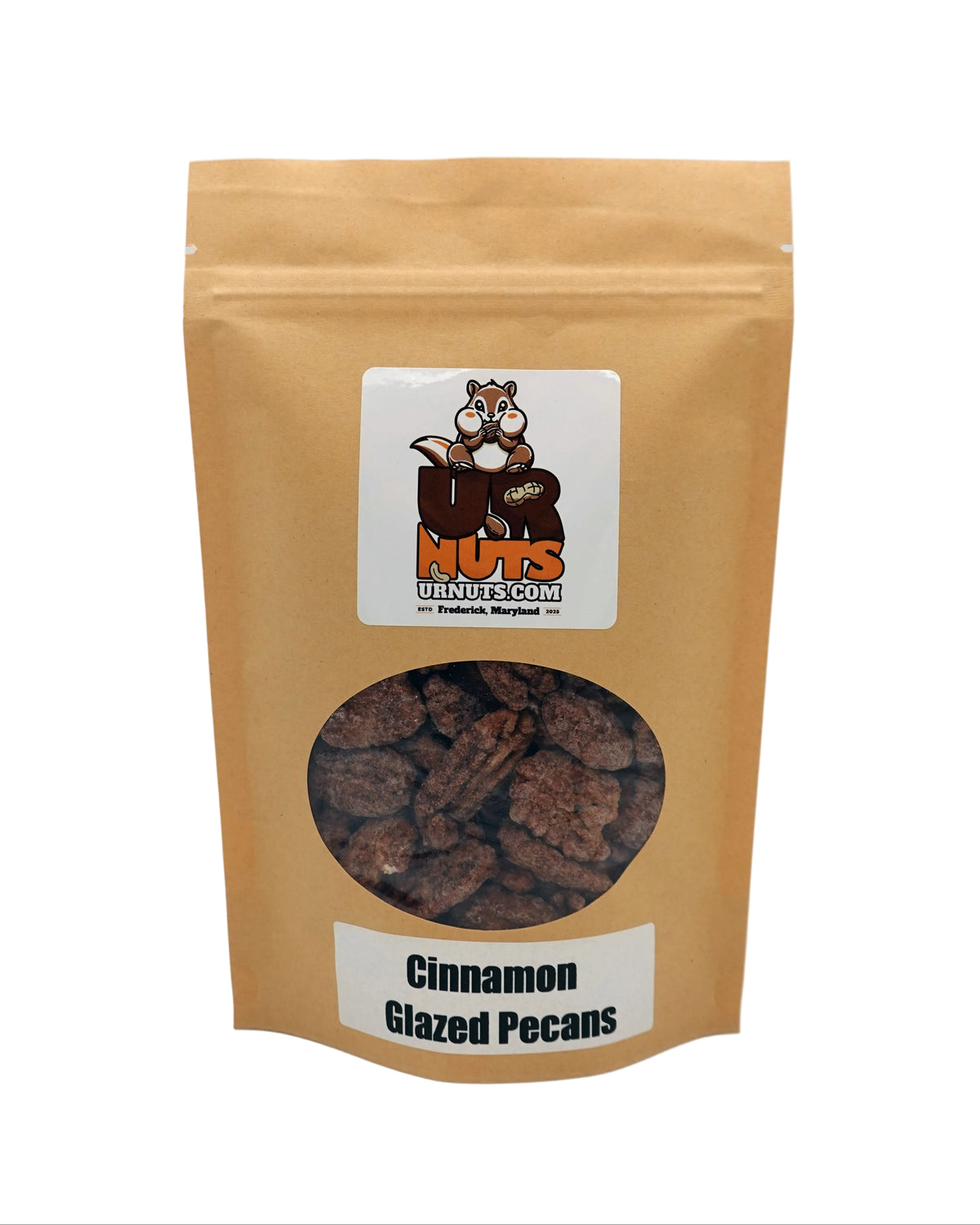 A stand-up kraft paper pouch of Cinnamon Glazed Pecans from UR Nuts, featuring a clear window showing the glazed pecans inside and a cartoon squirrel logo on the front label.