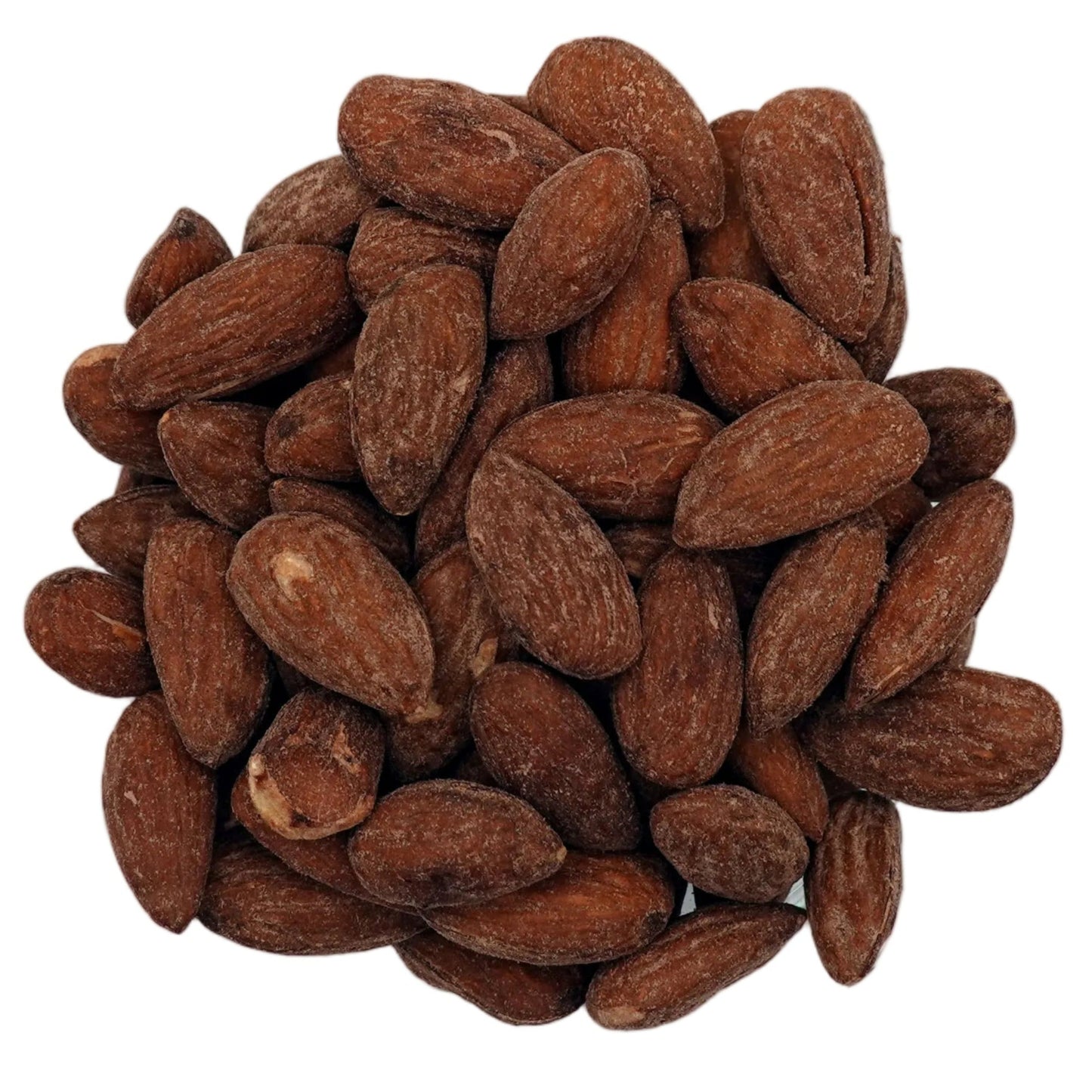 Salted almonds piled in a small clear glass bowl on a clean white background.