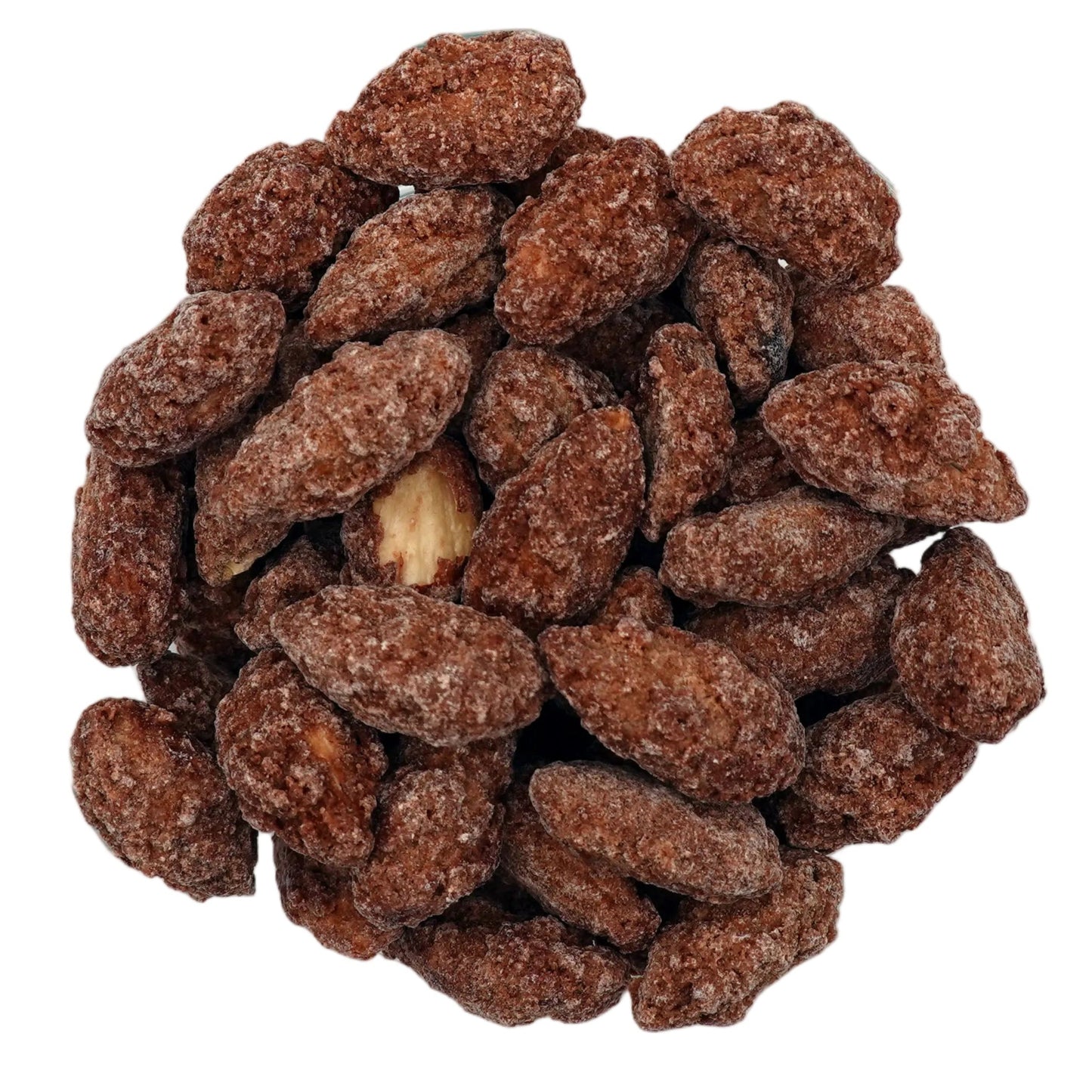 A clear glass bowl filled with brown cinnamon glazed almonds, photographed from a top-down view on a clean white background.
