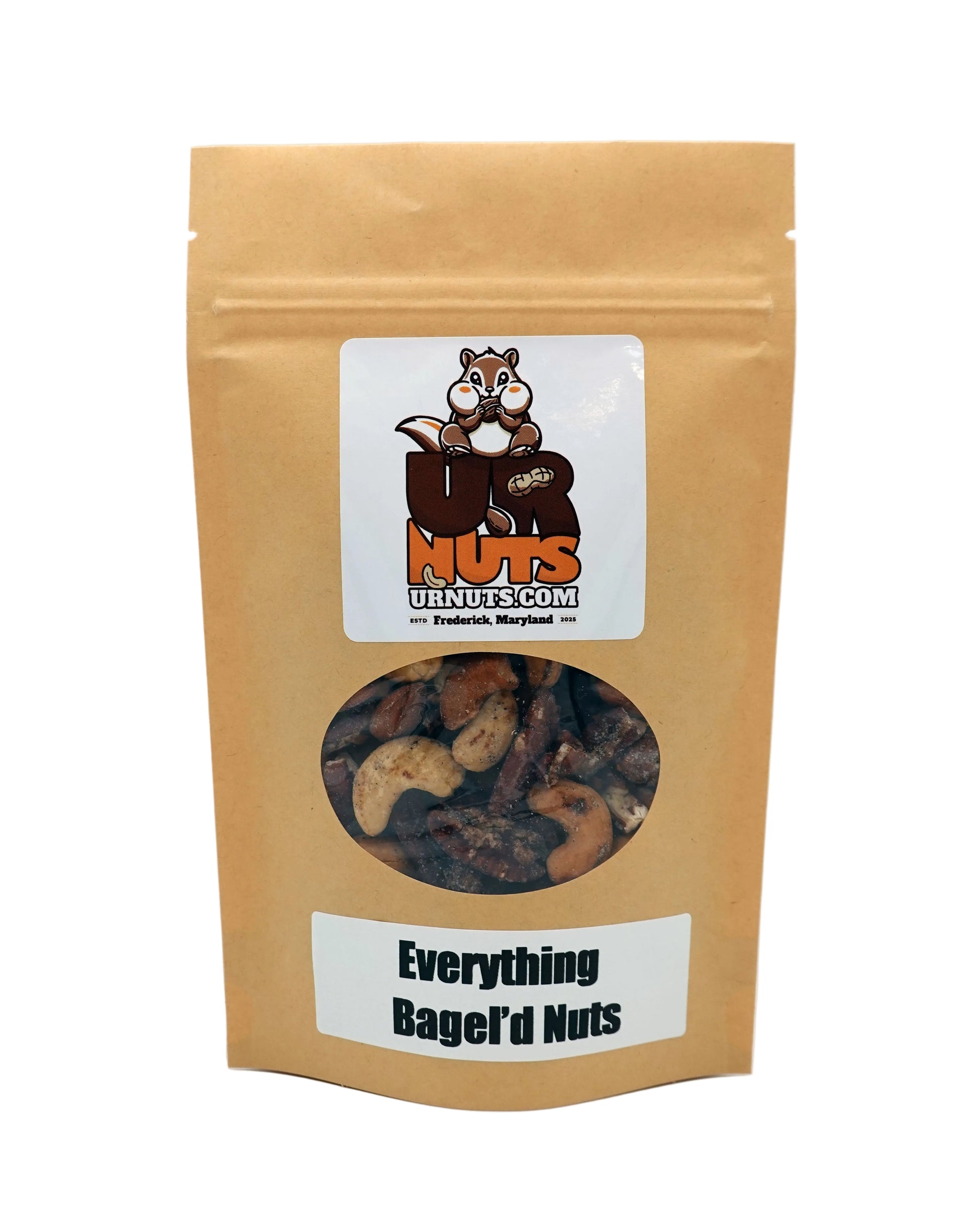 A stand-up kraft paper pouch of 'Everything Bagel'd Nuts' by UR Nuts, featuring a clear window showing mixed nuts inside and a cartoon squirrel logo on the front label.