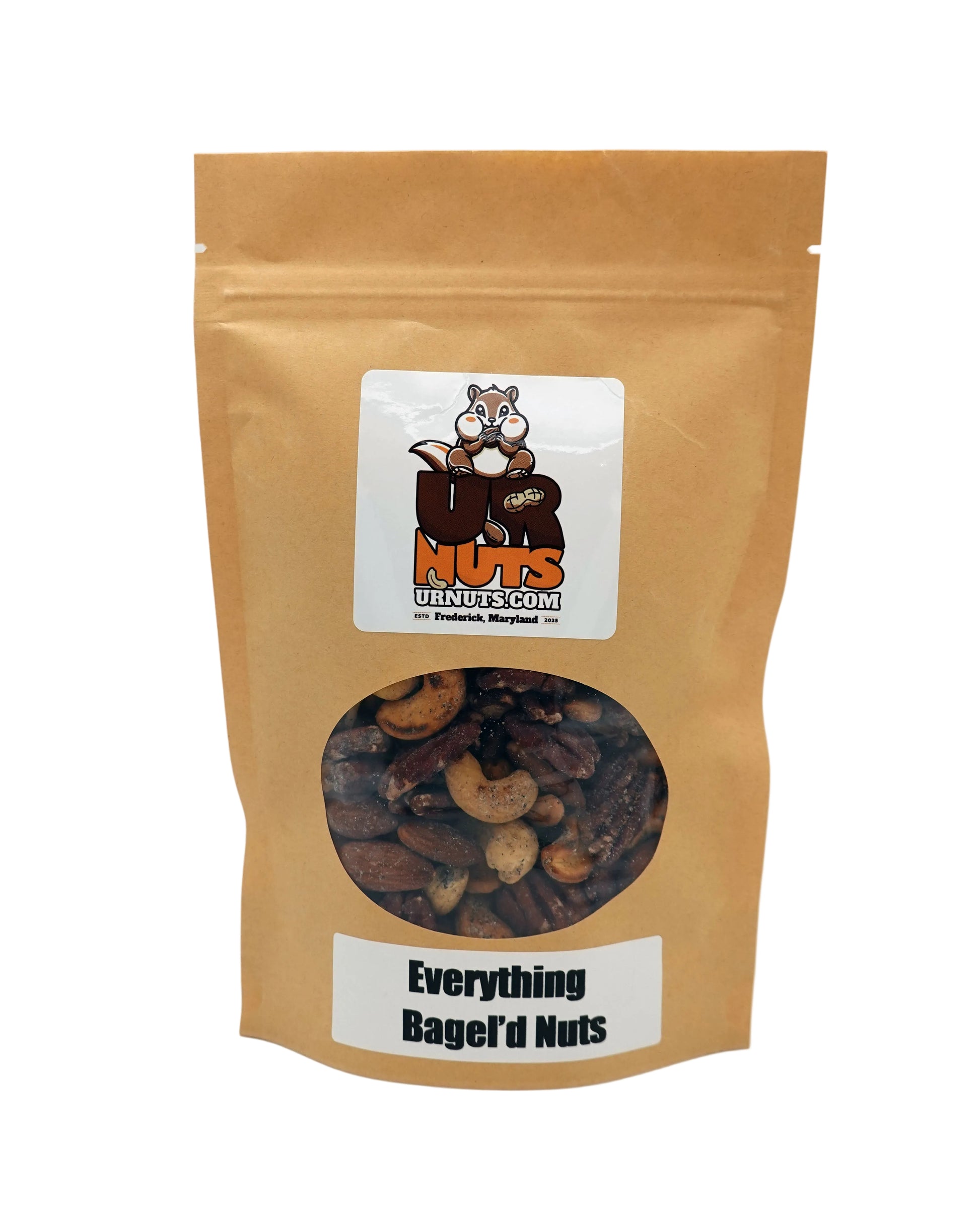 A stand-up kraft paper pouch of bagel nuts with a clear circular window showing the nuts inside. The pouch has a white label at the top with a cartoon nut illustration and the text 'UR Nuts.'