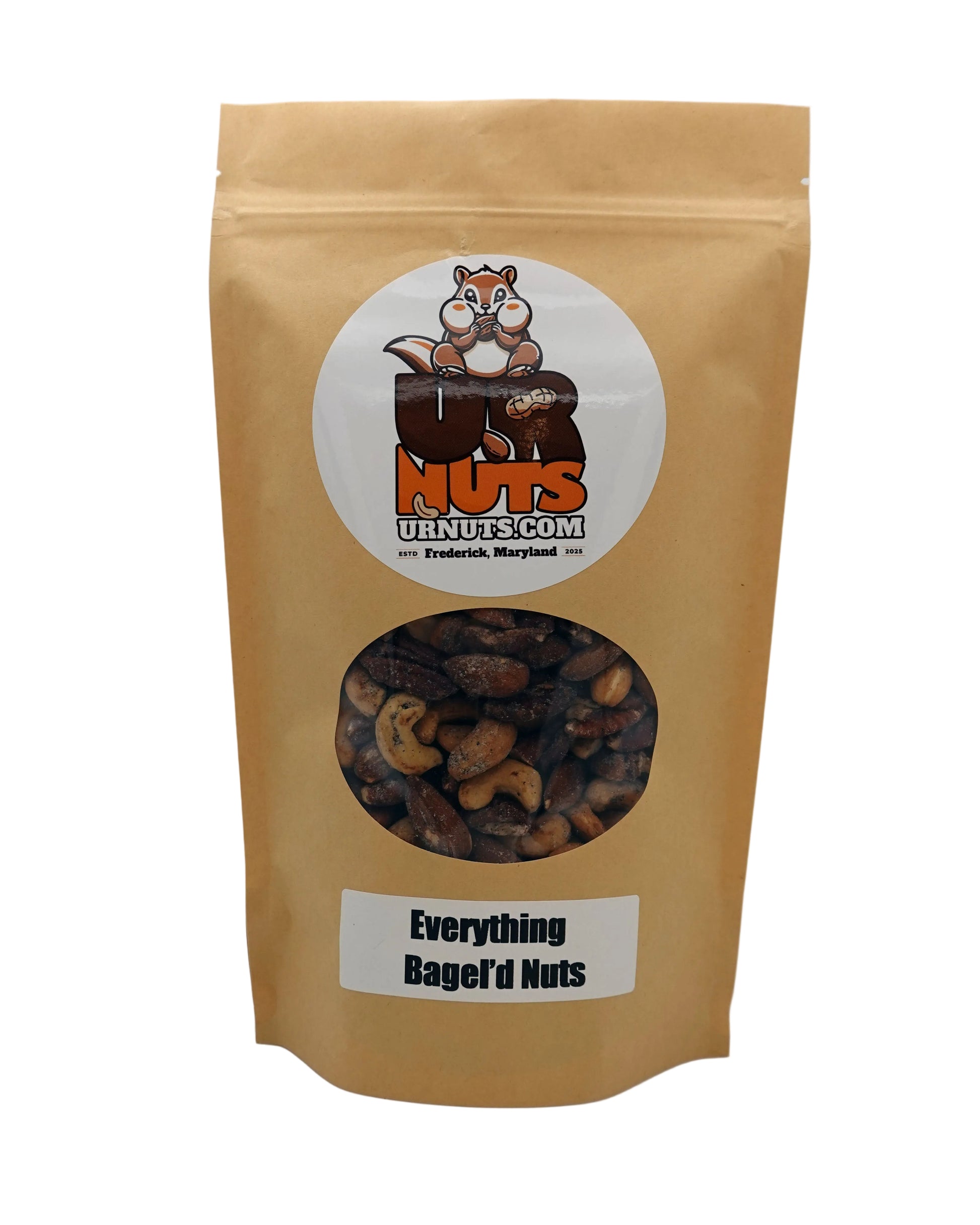 A stand-up kraft paper pouch of 'Everything Bagel'd Nuts' by UR Nuts, featuring a circular cartoon logo of a nut-selling mascot and a clear window showing the mixed nuts inside.