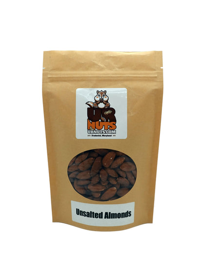 A stand-up kraft paper pouch of Unsalted Almonds with a clear circular window showing the almonds inside. The pouch features a white label with the 'UR Nuts' logo and a white label at the bottom reading 'Unsalted Almonds'.