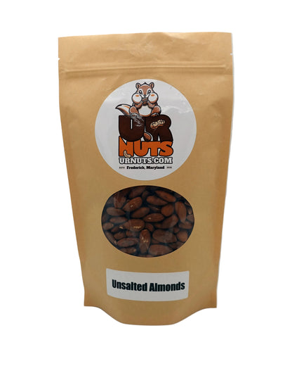 A stand-up kraft paper pouch of unsalted almonds with a circular logo for 'UR Nuts' and a clear window showing the almonds inside, photographed on a light gray background.