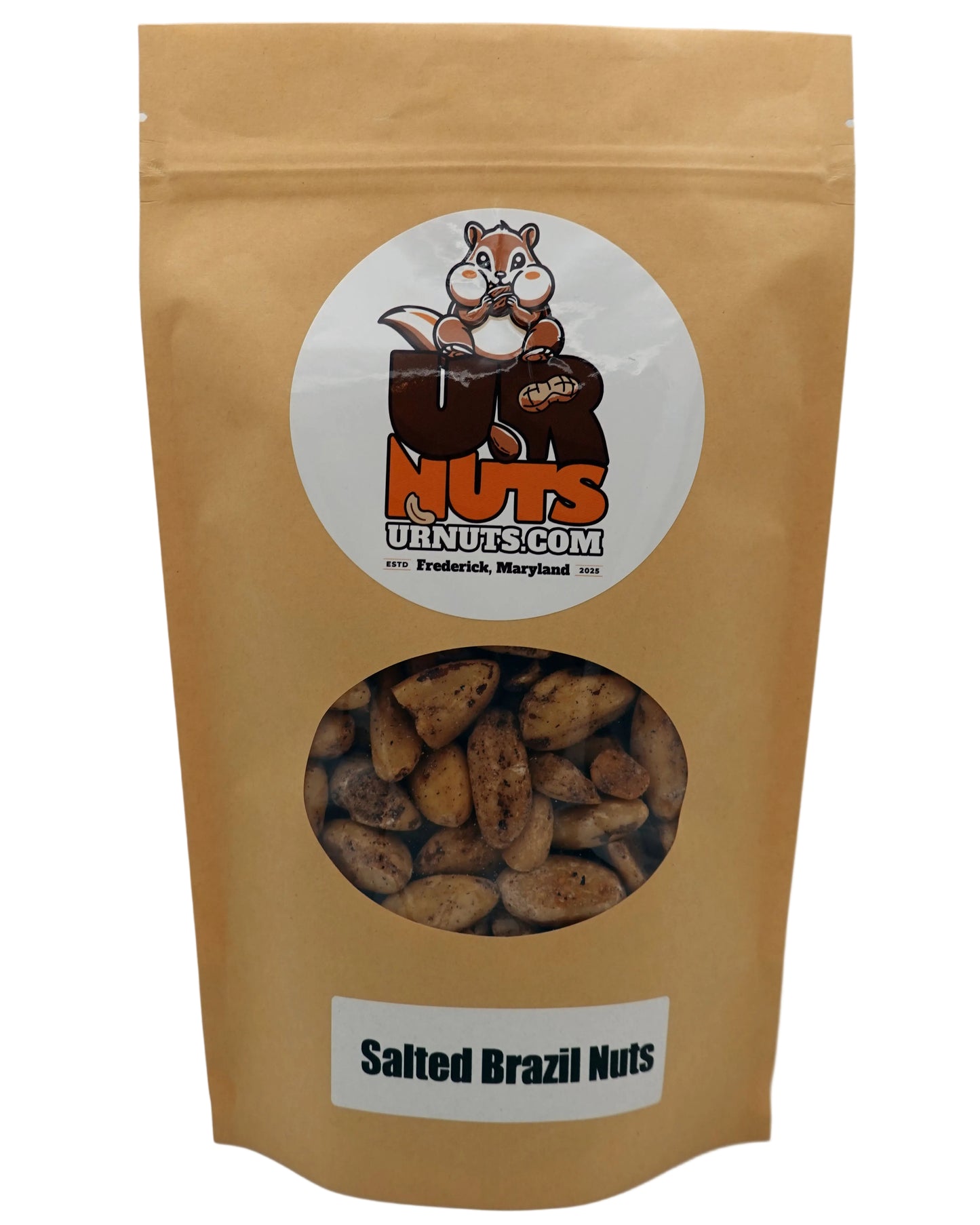 A stand-up kraft paper pouch of Salted Brazil Nuts with a clear window showing the nuts inside. The pouch features a cartoon squirrel logo for UR Nuts.