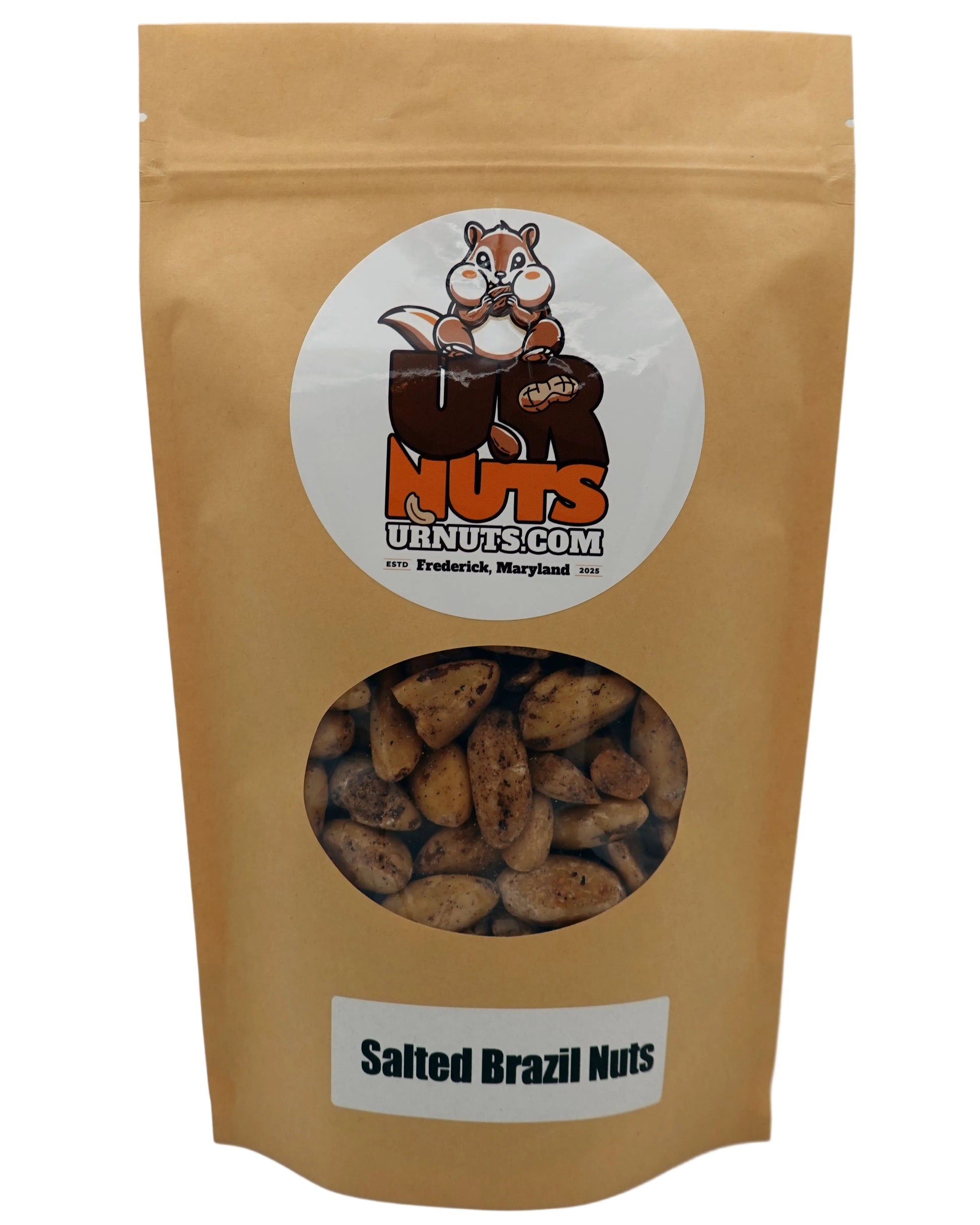 A stand-up kraft paper pouch of Salted Brazil Nuts with a clear window showing the nuts inside. The pouch features a cartoon squirrel logo for UR Nuts.