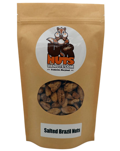 A stand-up kraft paper pouch of Salted Brazil Nuts with a clear window showing the nuts inside. The pouch features a cartoon squirrel logo for UR Nuts.
