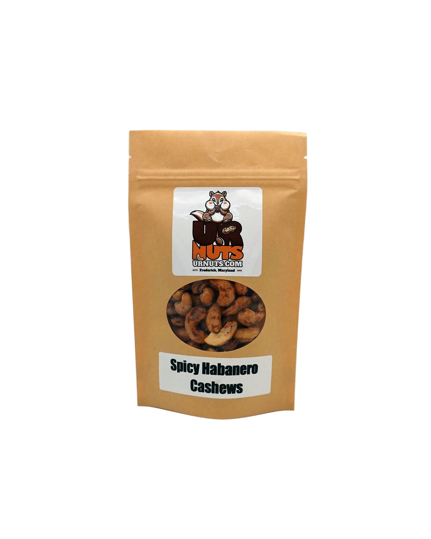 A stand-up kraft paper pouch of 'Spicy Habanero Cashews' by UR Nuts on a light gray background.
