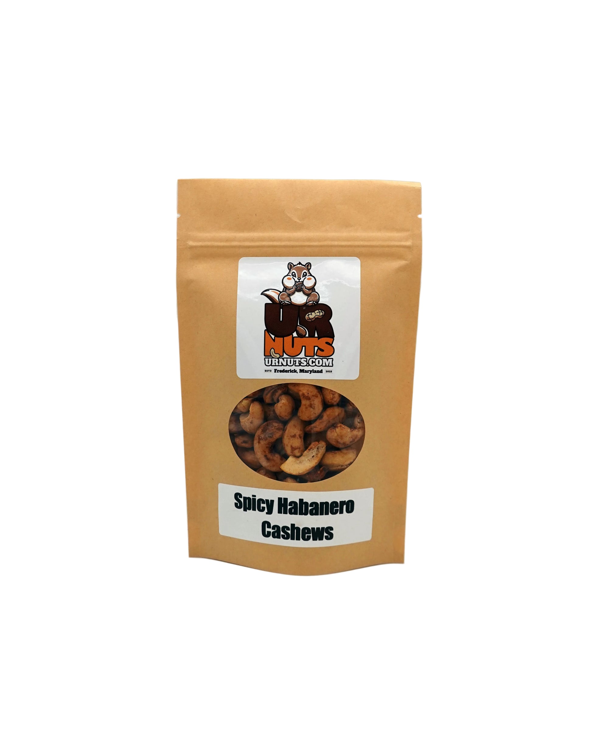 A stand-up kraft paper pouch of 'Spicy Habanero Cashews' by UR Nuts on a light gray background.