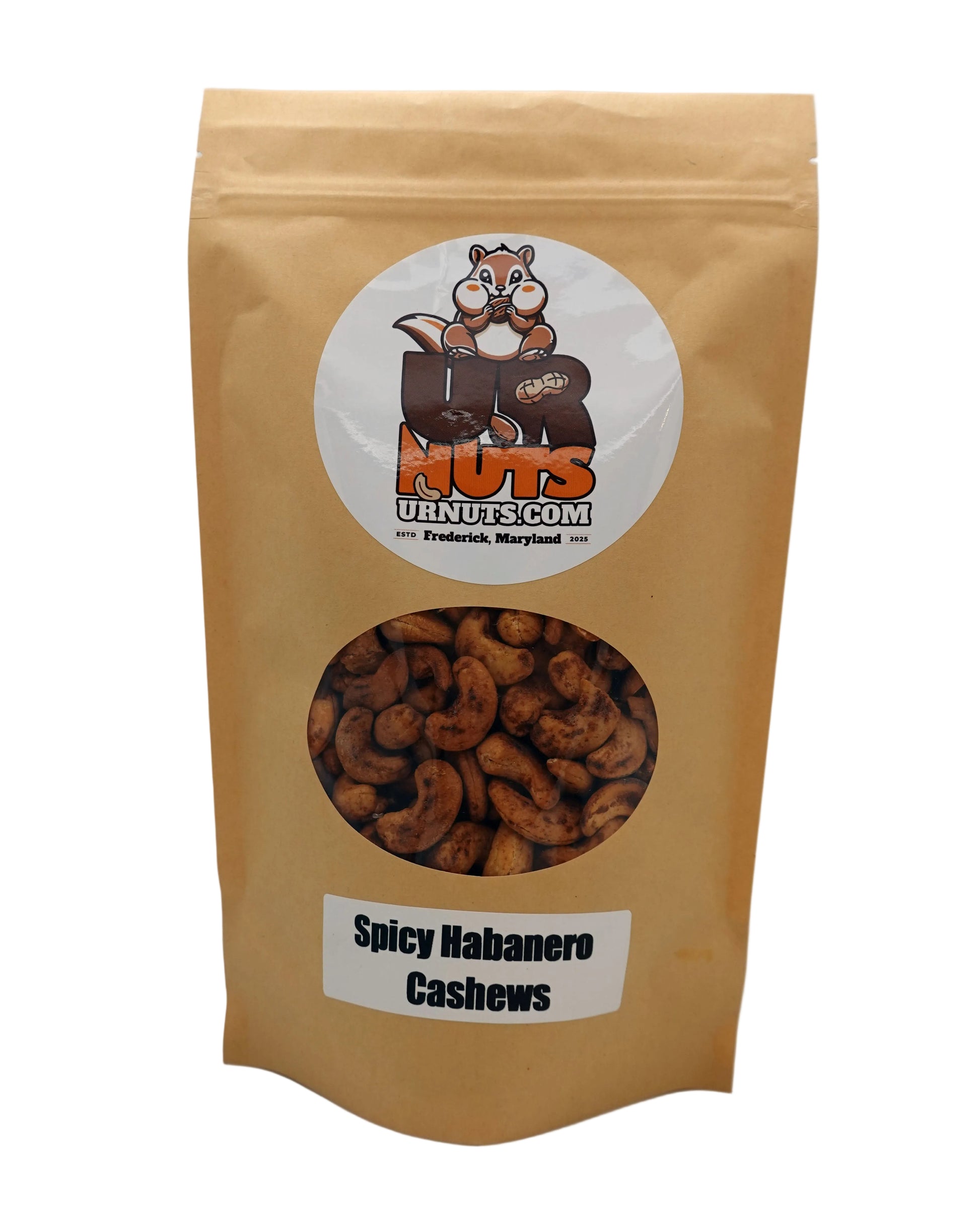 A stand-up kraft paper pouch of UR Nuts Spicy Habanero Cashews, featuring a circular brand logo and a clear window showing the roasted cashews inside.