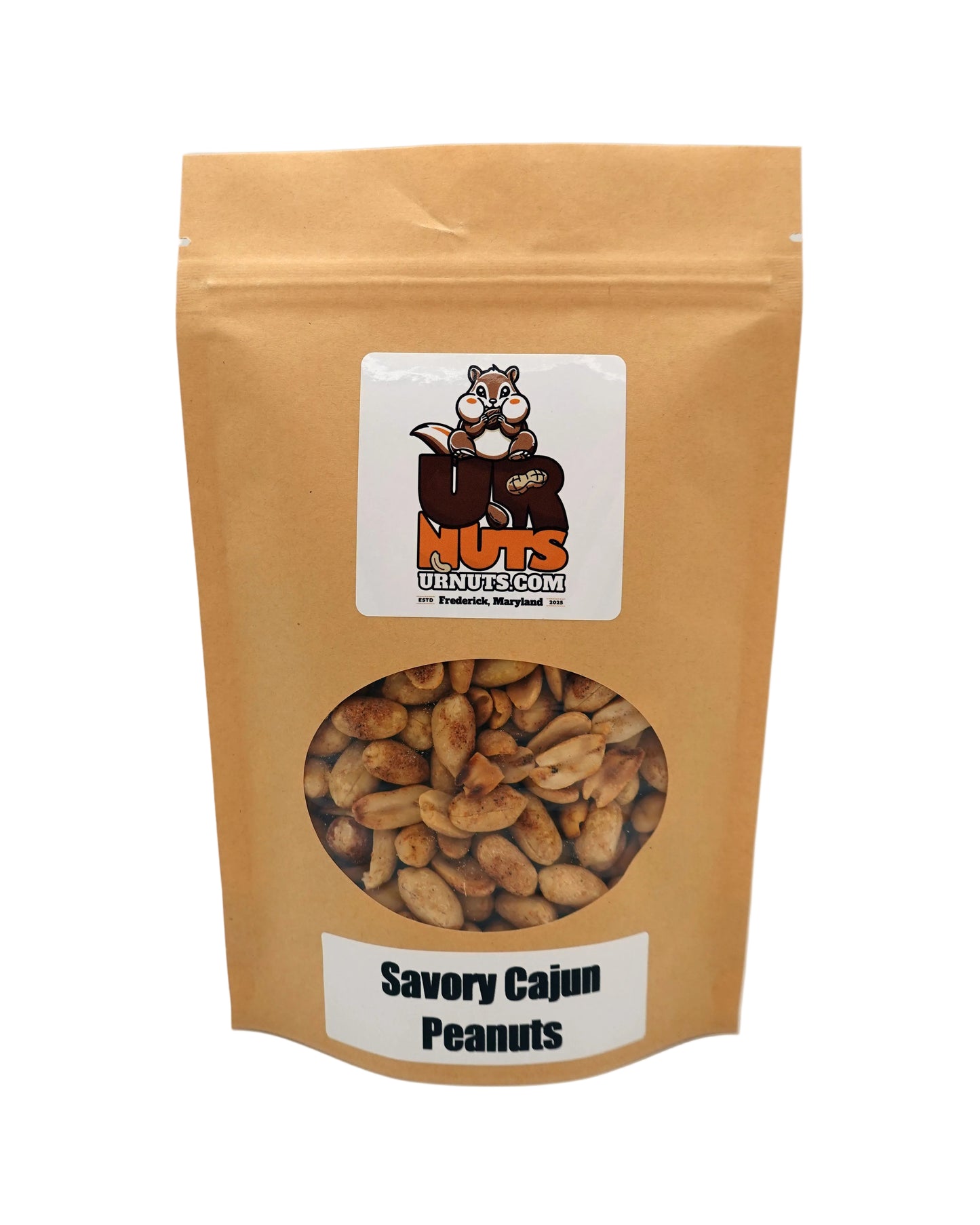 A stand-up kraft paper pouch of Savory Cajun Peanuts with a clear window showing the peanuts inside. The pouch features a white label with a cartoon nut logo for UR Nuts.