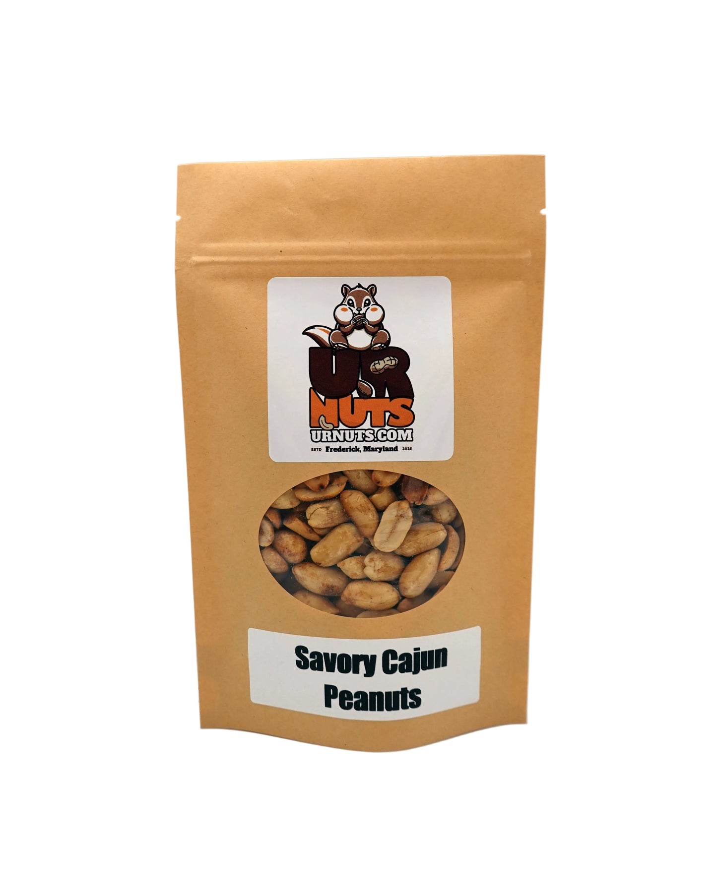 A stand-up kraft paper pouch of UR Nuts Savory Cajun Peanuts, featuring a clear window showing the peanuts inside and a white label with the brand logo.