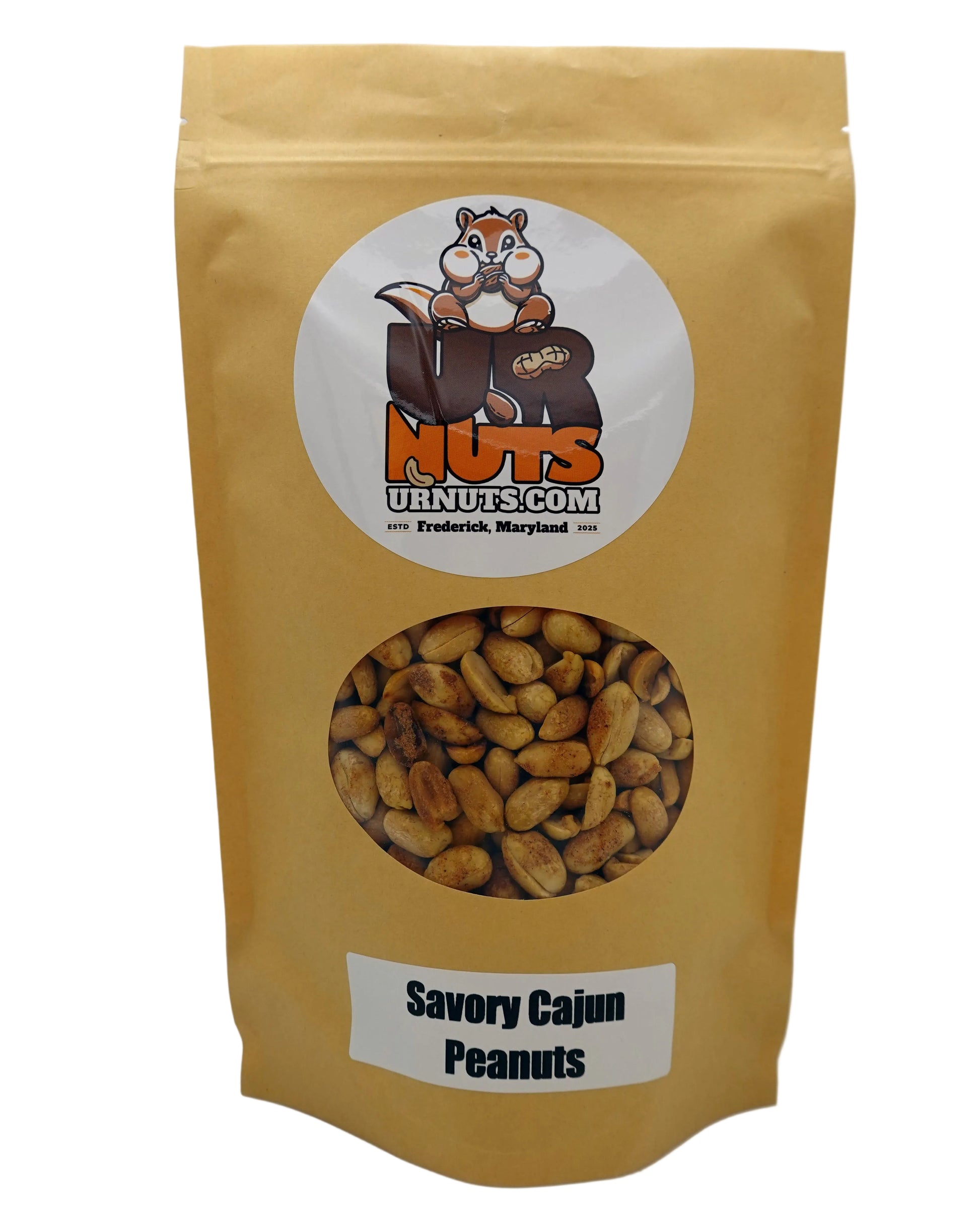 A stand-up kraft paper pouch of Savory Cajun Peanuts from UR Nuts, featuring a circular clear window showing the peanuts inside, with a cartoon squirrel logo on the front.
