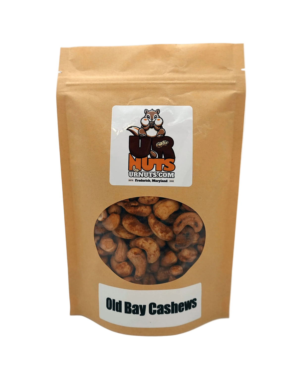 A stand-up kraft paper pouch of Old Bay Cashews from UR Nuts, featuring a clear window showing the cashews inside and a white label with the brand logo.
