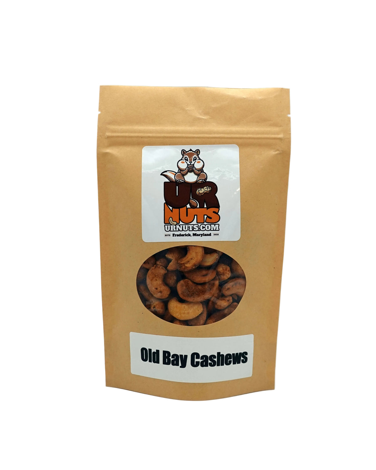 A stand-up kraft paper pouch of UR Nuts Old Bay Cashews, featuring a clear window showing the cashews inside and a white label with the brand logo.