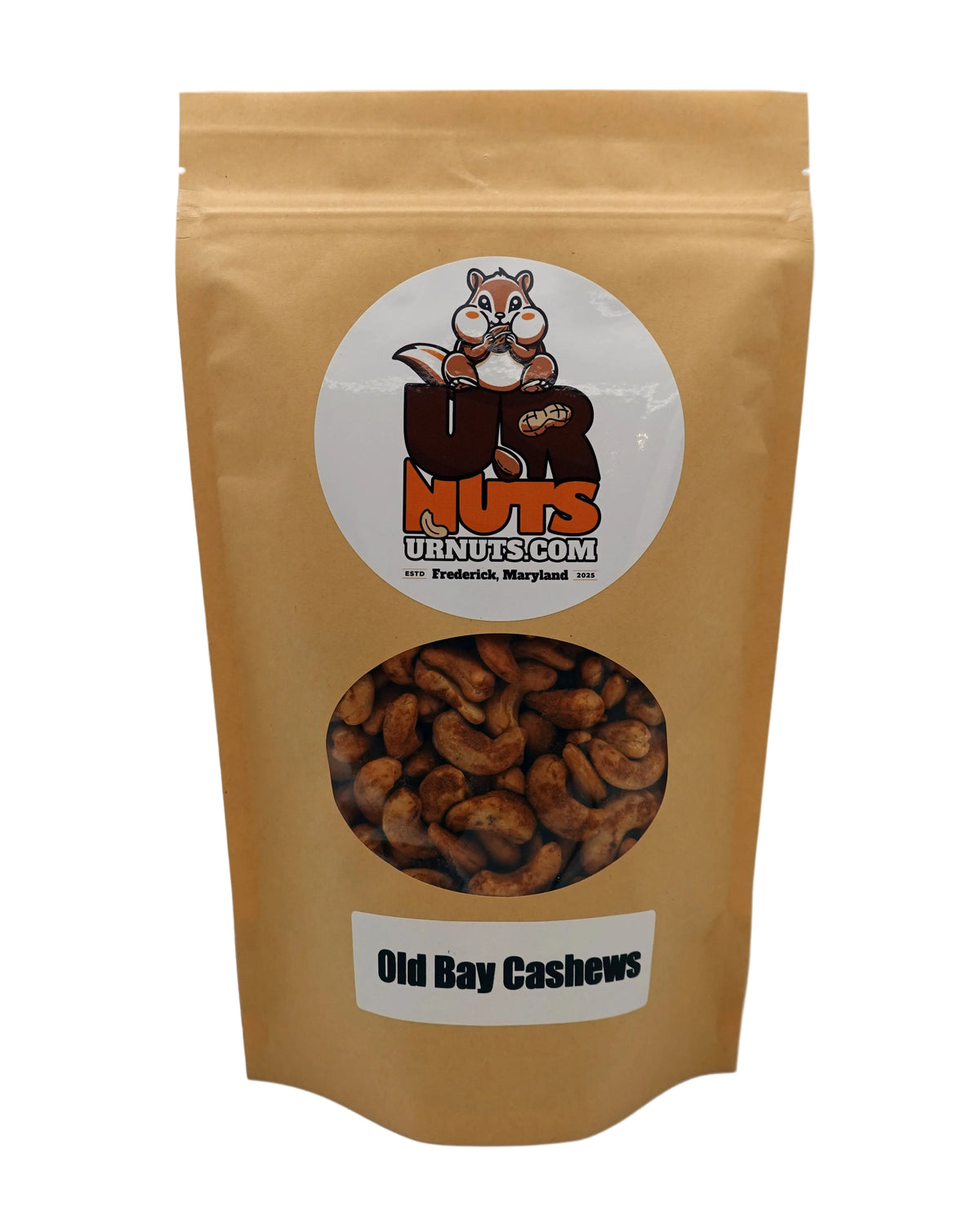 A stand-up kraft paper pouch of UR Nuts Old Bay Cashews. 