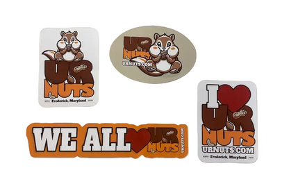 Four UR Nuts branded stickers featuring a cartoon chipmunk.
