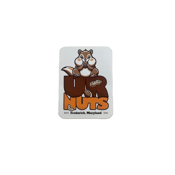 A square white sticker with rounded corners featuring a cartoon chippy the chipmunk above the words “UR NUTS” in brown and orange, with small text reading “Frederick, Maryland 2025” near the bottom, shown against a plain beige background.