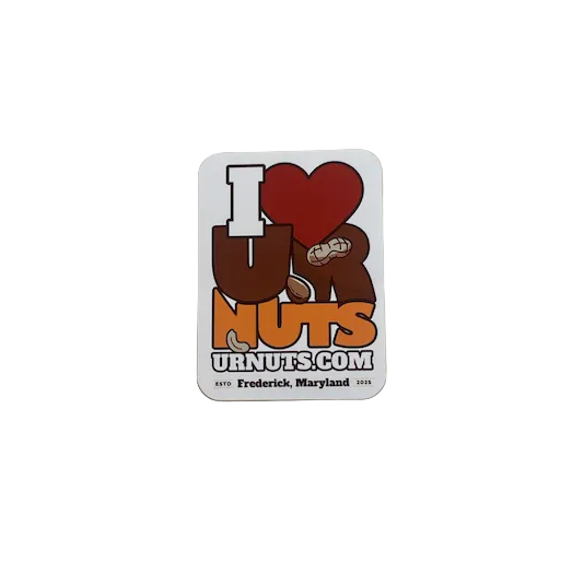 A rectangular sticker with rounded corners featuring a white background and a graphic that reads 'I LOVE UR NUTS' in brown, red, and orange, with small text at the bottom reading 'Frederick, Maryland 2025'.